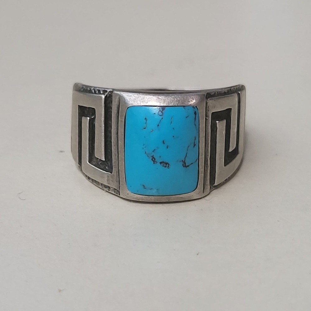 925 Sterling Silver Vintage Turquoise Greek Key Signet Blue Stone Ring